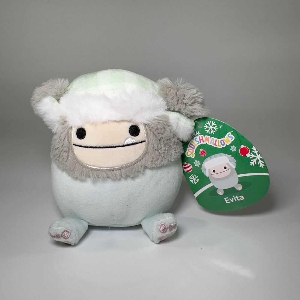 Squishmallows Evita the Bigfoot Plush 8" Christmas Trapper Hat Gray Cute NWT